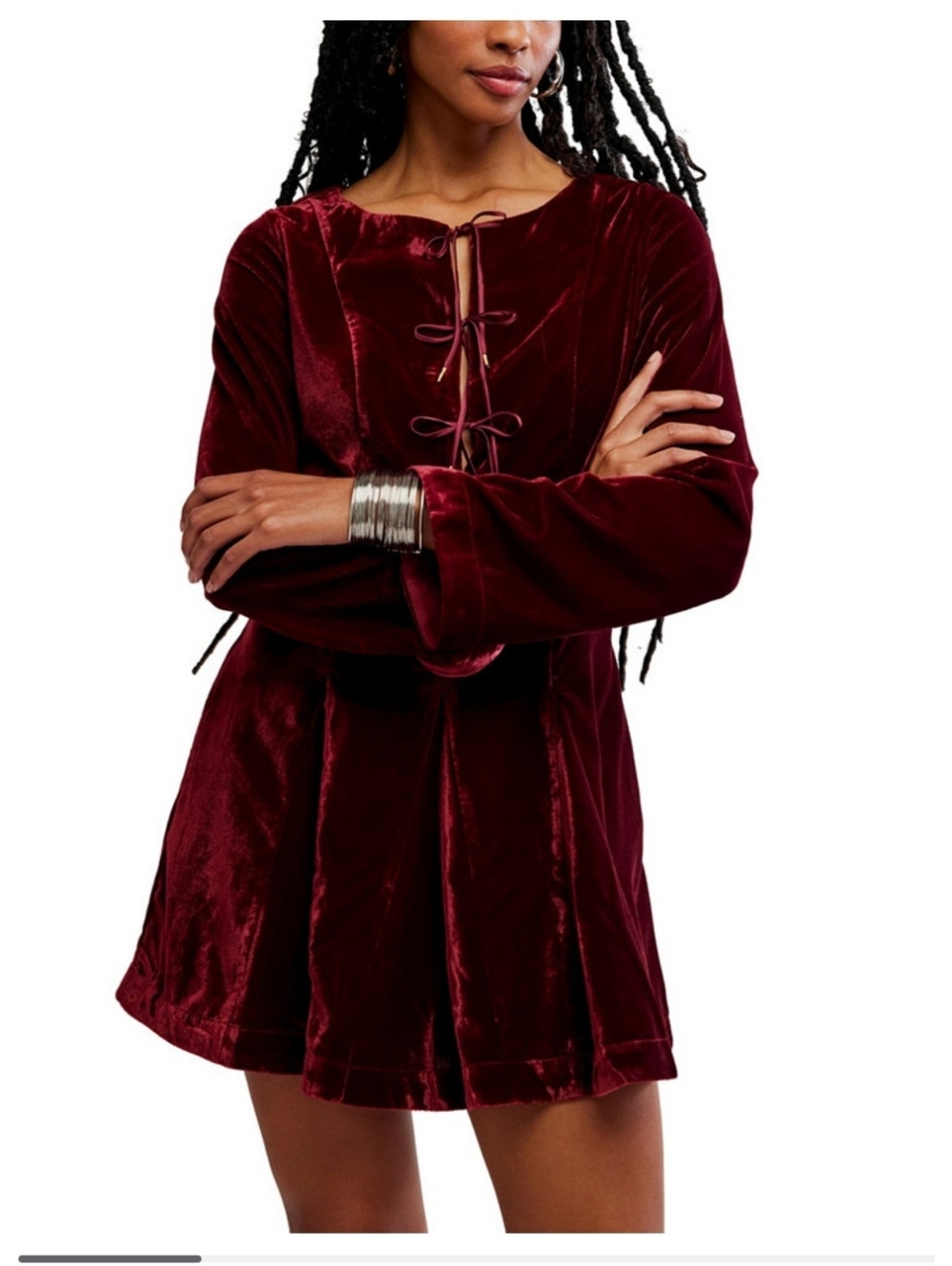 Free People Linney V-Neck Tie Front Long Sleeve Velvet Mini Dress NWT